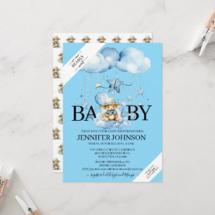 Adorable Blue Watercolor Teddy Bear Baby Dusche Einladung