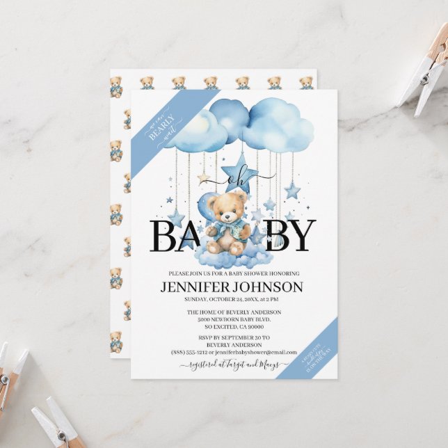 Adorable Blue Watercolor Teddy Bear Baby Dusche Einladung (Vorderseite/Rückseite Beispiel)