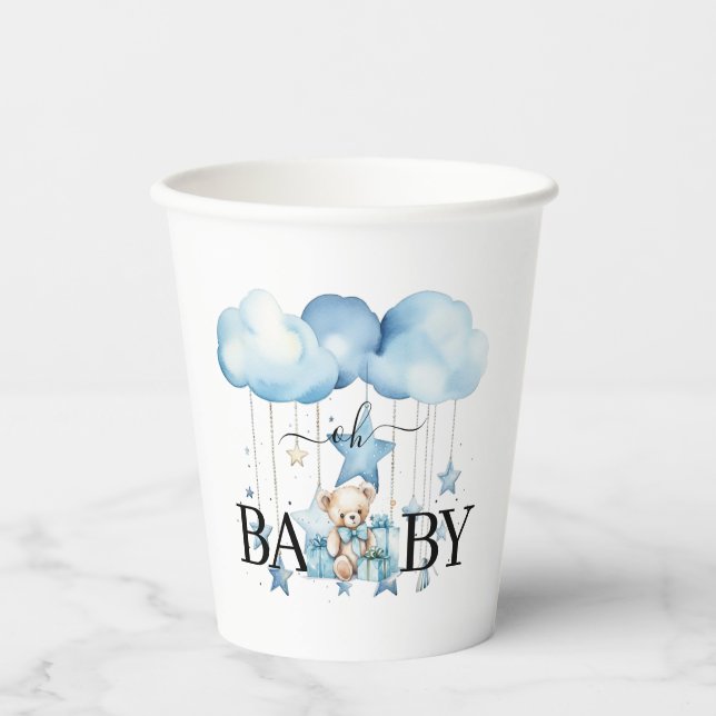 Adorable Blue Watercolor Teddy Bear Baby Dusche Pappbecher (Vorderseite)