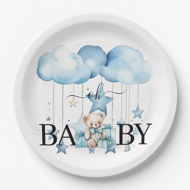 Adorable Blue Watercolor Teddy Bear Baby Dusche Pappteller (Vorderseite)