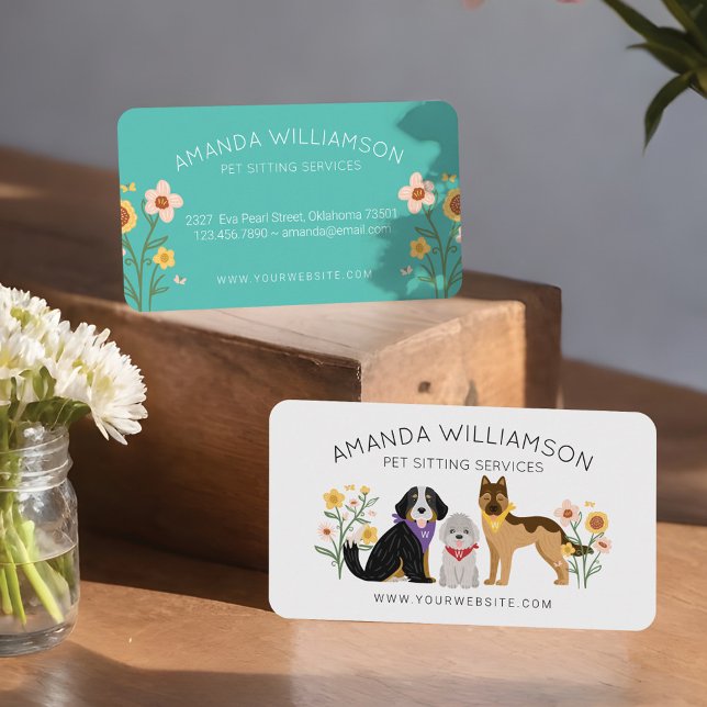 Adorable Blütenhunde Pet Care Services Weiß Visitenkarte (Adorable Floral Dogs Pet Care Services White Business Card)