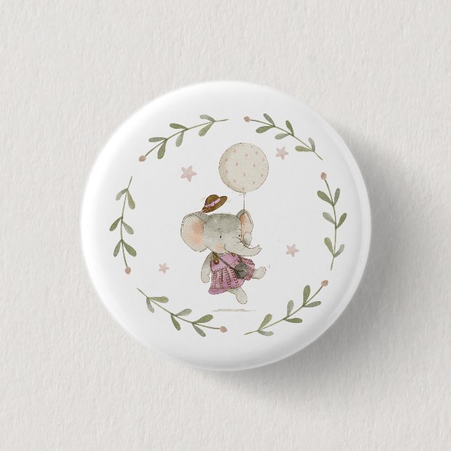 Adorable Boho Baby Girl Elefant Rustikale Flora Button (Vorderseite)