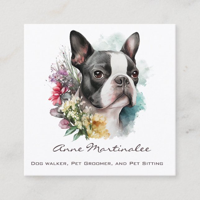 Adorable Boston Terrier and Flowers Watercolor Quadratische Visitenkarte (Vorderseite)