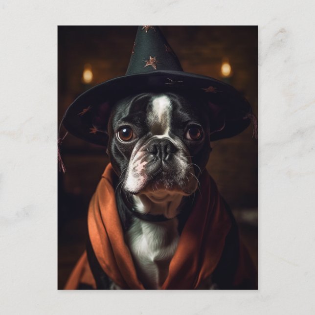 Adorable Boston Terrier Halloween Postkarte (Vorderseite)