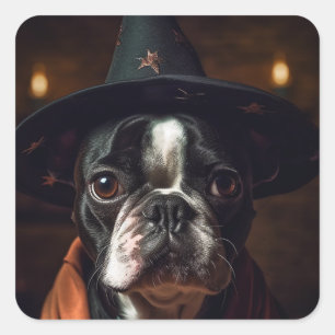 Adorable Boston Terrier Hexe Quadratischer Aufkleber