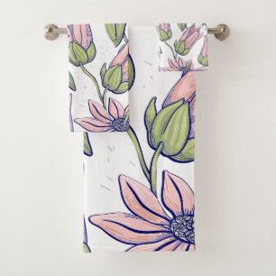 Adorable botanische Muster Rosa und Grün Weiß Badhandtuch Set