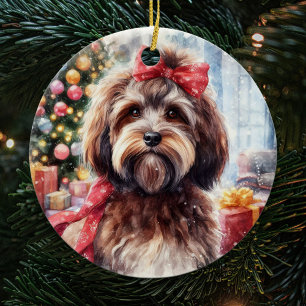 Adorable Brown Havanese Hund mit Red Bow Weihnacht Keramik Ornament