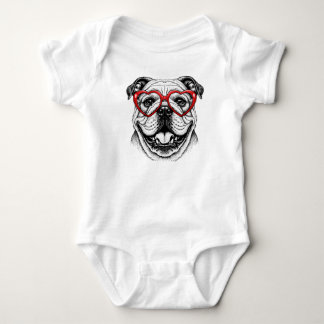 Adorable Bulldog in Red Heart Glasses - Love Dog Baby Strampler