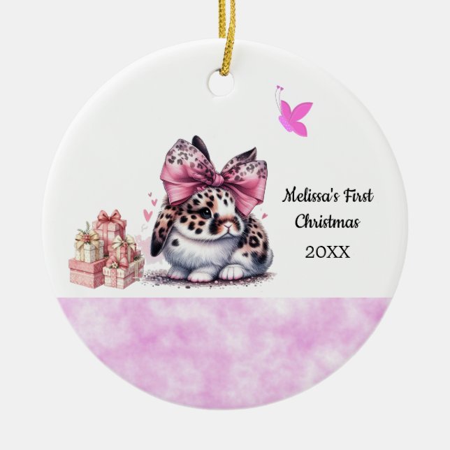 Adorable Bunny Baby's First Christmas Keramik Ornament (Vorne)