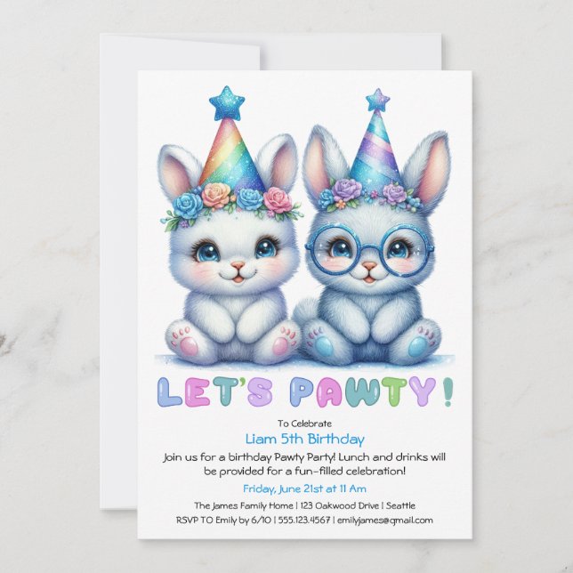Adorable Bunny Birthday Einladung - Blauer Glitzer (Vorderseite)