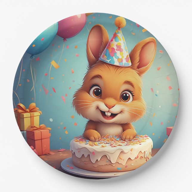 Adorable Bunny feiert Geburtstag mit Kuchen Pappteller (Vorderseite)