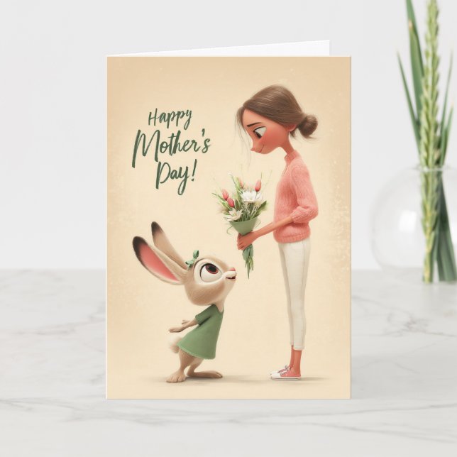 Adorable Bunny Giving Flowers Mother's Day Card Karte (Vorderseite)