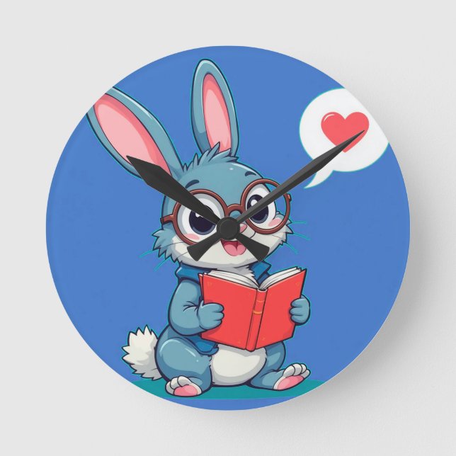 Adorable Bunny Wear Brillen Lesen eines Buches Runde Wanduhr (Vorderseite)