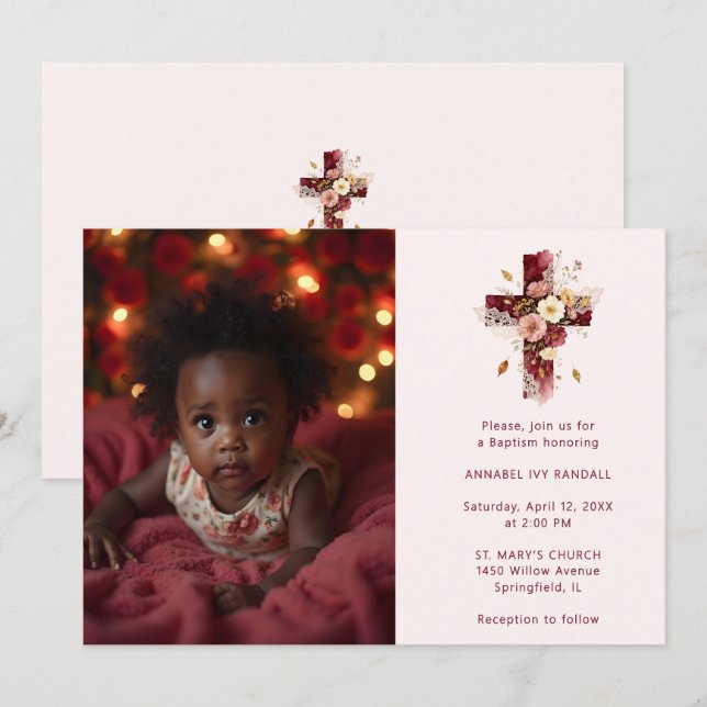 Adorable Burgundy Glitter Floral Cross Baptism Einladung (Vorne/Hinten)