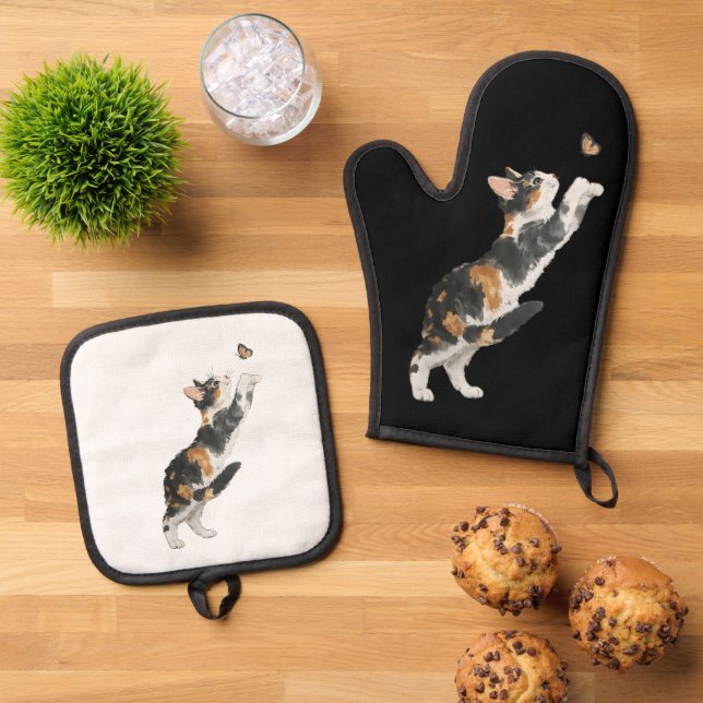 Adorable Calico Cat & Butterfly Watercolor  Ofenhandschuh & Topflappen-Set (Oben Unten)