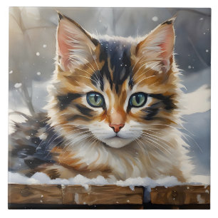 Adorable Calico Katze im Schnee Portrait Pose Fliese