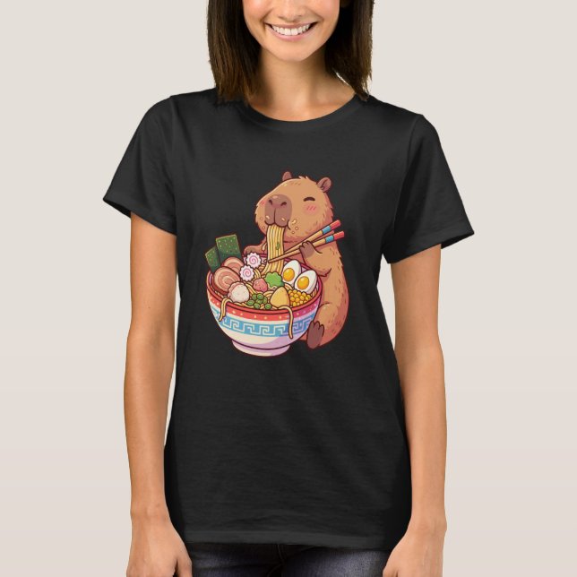 Adorable Capybara Eating Ramen Noodles Kawaii Desi T-Shirt (Vorderseite)
