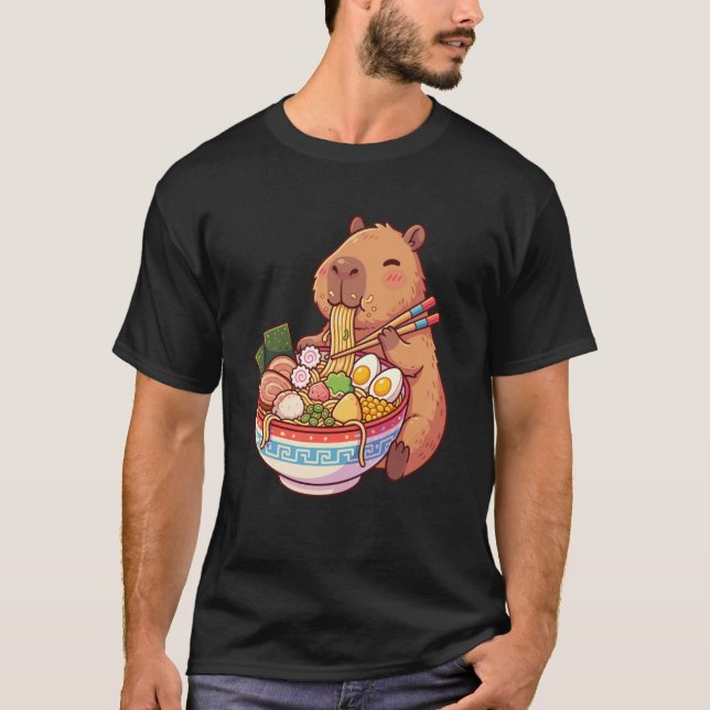 Adorable Capybara Eating Ramen Noodles Kawaii Desi T-Shirt (Vorderseite)