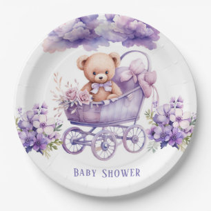 Adorable Carriage Teddy Bear Girl Babydusche Pappteller