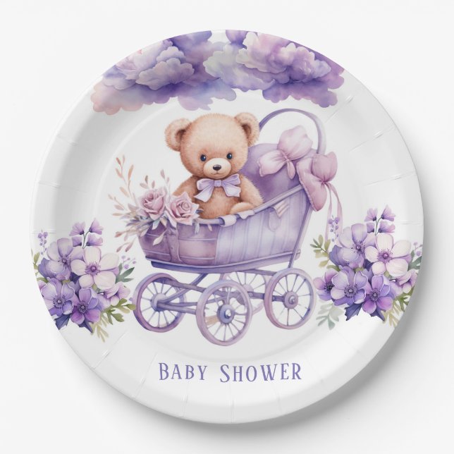 Adorable Carriage Teddy Bear Girl Babydusche Pappteller (Vorderseite)