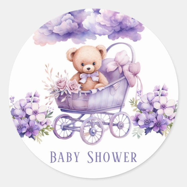 Adorable Carriage Teddy Bear Girl Babydusche Runder Aufkleber (Vorderseite)