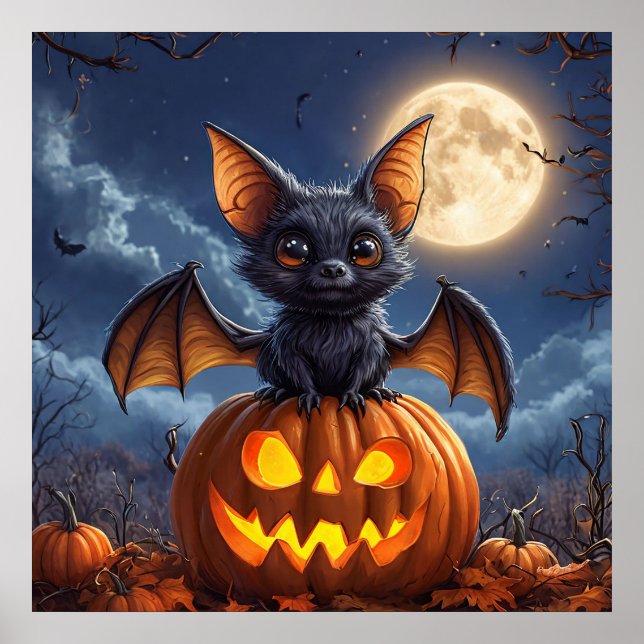 Adorable Cartoon Bat Auf Jack-o'-Lantern Poster (Vorne)