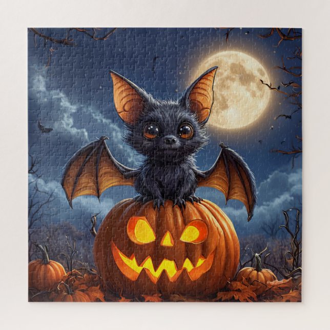 Adorable Cartoon Bat Auf Jack-o'-Lantern Puzzle (Vertikal)