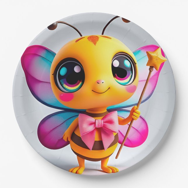 Adorable Cartoon Bee Fairy Pappteller (Vorderseite)