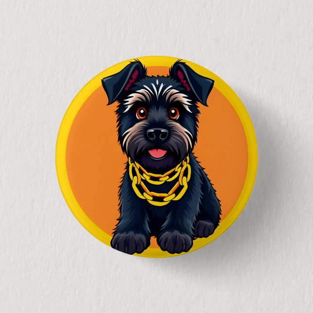 Adorable Cartoon Black Dog Tragen einer Goldkette Button (Vorderseite)