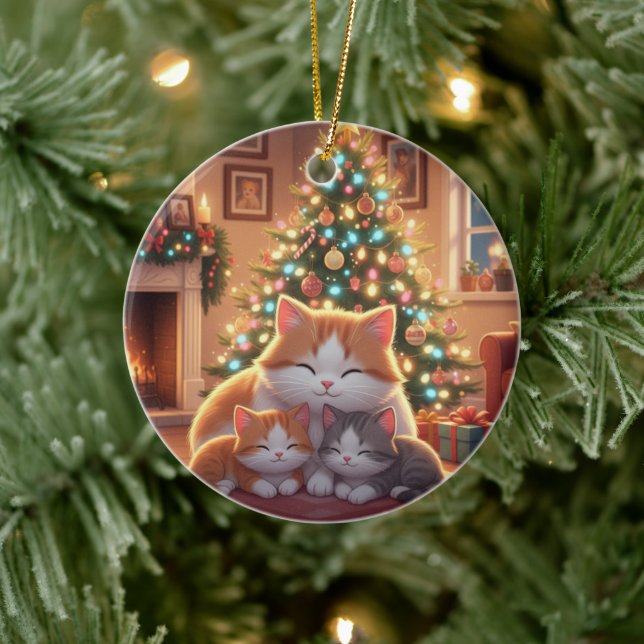 Adorable Cartoon Cat Family Christmas Tree  Keramik Ornament (Baum)