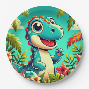 Adorable Cartoon Dinosaurier Amidst Vibrannt Tropi Pappteller
