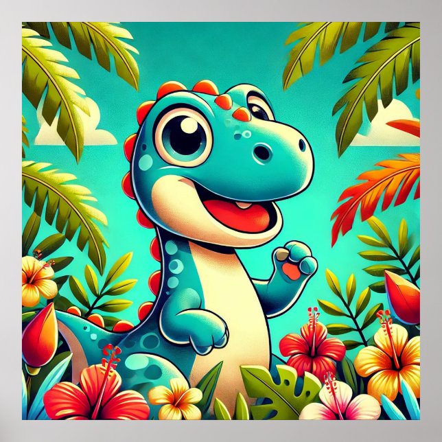 Adorable Cartoon Dinosaurier Amidst Vibrannt Tropi Poster (Vorne)