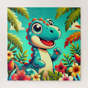 Adorable Cartoon Dinosaurier Amidst Vibrannt Tropi Puzzle