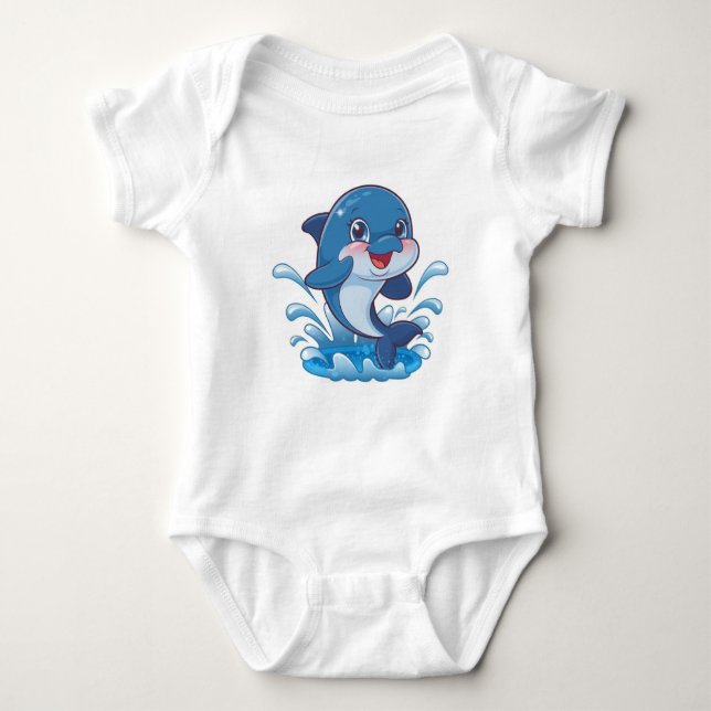 Adorable Cartoon Dolphin Splashing in Joy" Baby Strampler (Vorderseite)