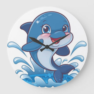 Adorable Cartoon Dolphin Splashing in Joy" Große Wanduhr