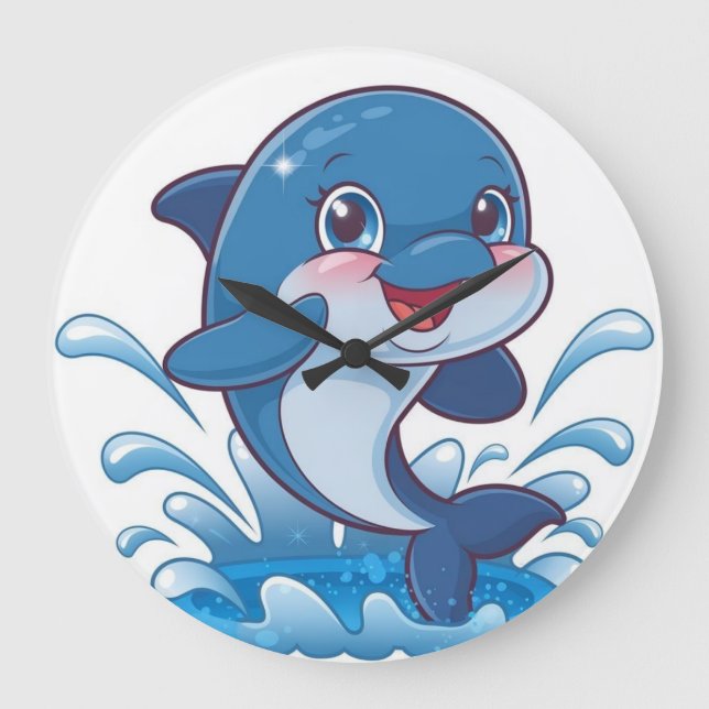 Adorable Cartoon Dolphin Splashing in Joy" Große Wanduhr (Vorderseite)