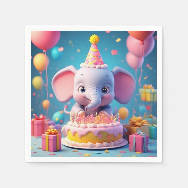 Adorable Cartoon Elephant feiert Geburtstag Serviette (Vorderseite)