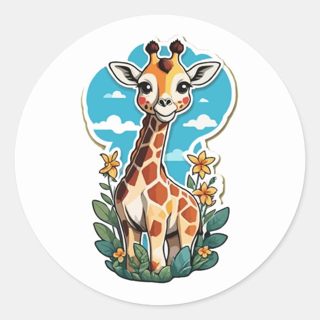 Adorable Cartoon Giraffe mit tropischen Blume Runder Aufkleber (Vorderseite)