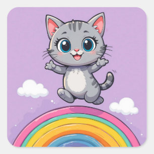 Adorable Cartoon Kitten Jumping fröhlich Quadratischer Aufkleber