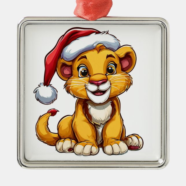 Adorable Cartoon Lion Cub Tragen einer Weihnachtsm Ornament Aus Metall (Vorne)