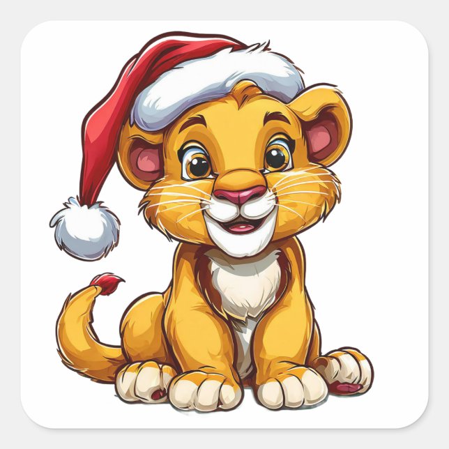 Adorable Cartoon Lion Cub Tragen einer Weihnachtsm Quadratischer Aufkleber (Vorderseite)
