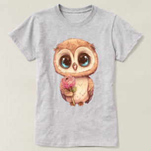 Adorable Cartoon Owl Holding Rosa Rose T-Shirt