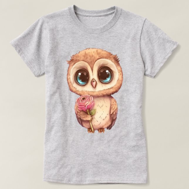 Adorable Cartoon Owl Holding Rosa Rose T-Shirt (Design vorne)