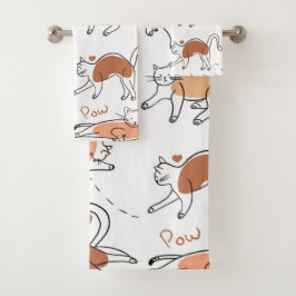 Adorable Cartoon Pastellmuster Katzen Weißbraun Badhandtuch Set