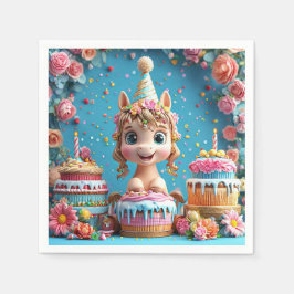 Adorable Cartoon Pony feiert Geburtstag Serviette