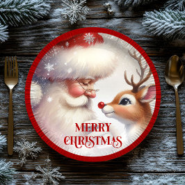 Adorable Cartoon Santa Rudolph Christmas Plates Pappteller