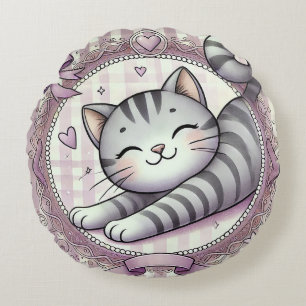 Adorable Cartoon Tabby Cat Illustration Rundes Kissen