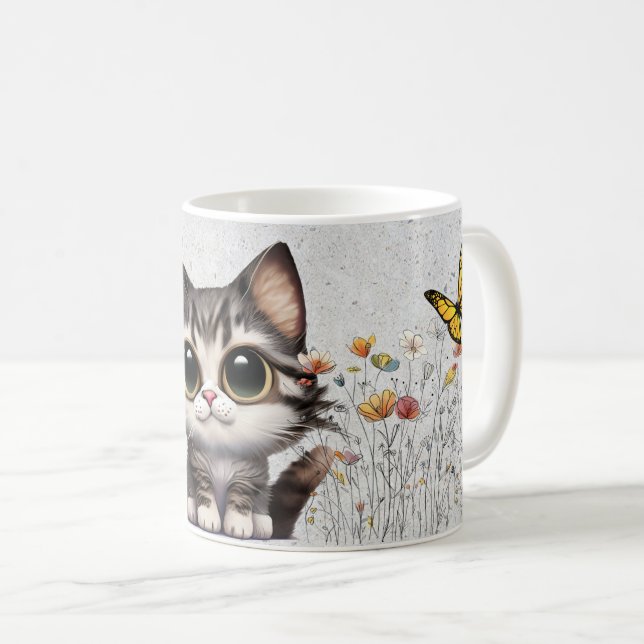 Adorable Cartoon Tabby Katze, Blume & Schmetterlin Kaffeetasse (VorderseiteRechts)
