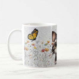 Adorable Cartoon Tabby Katze, Blume & Schmetterlin Kaffeetasse