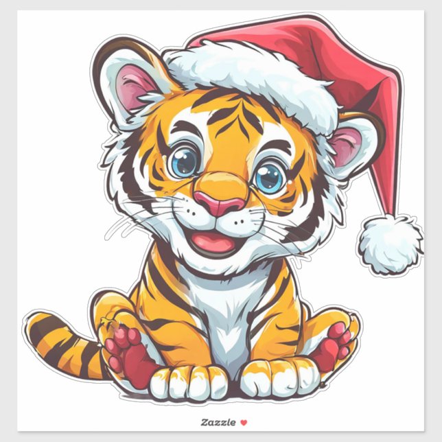 Adorable Cartoon Tiger Cub Tragen einer Weihnachts Aufkleber (Blatt)